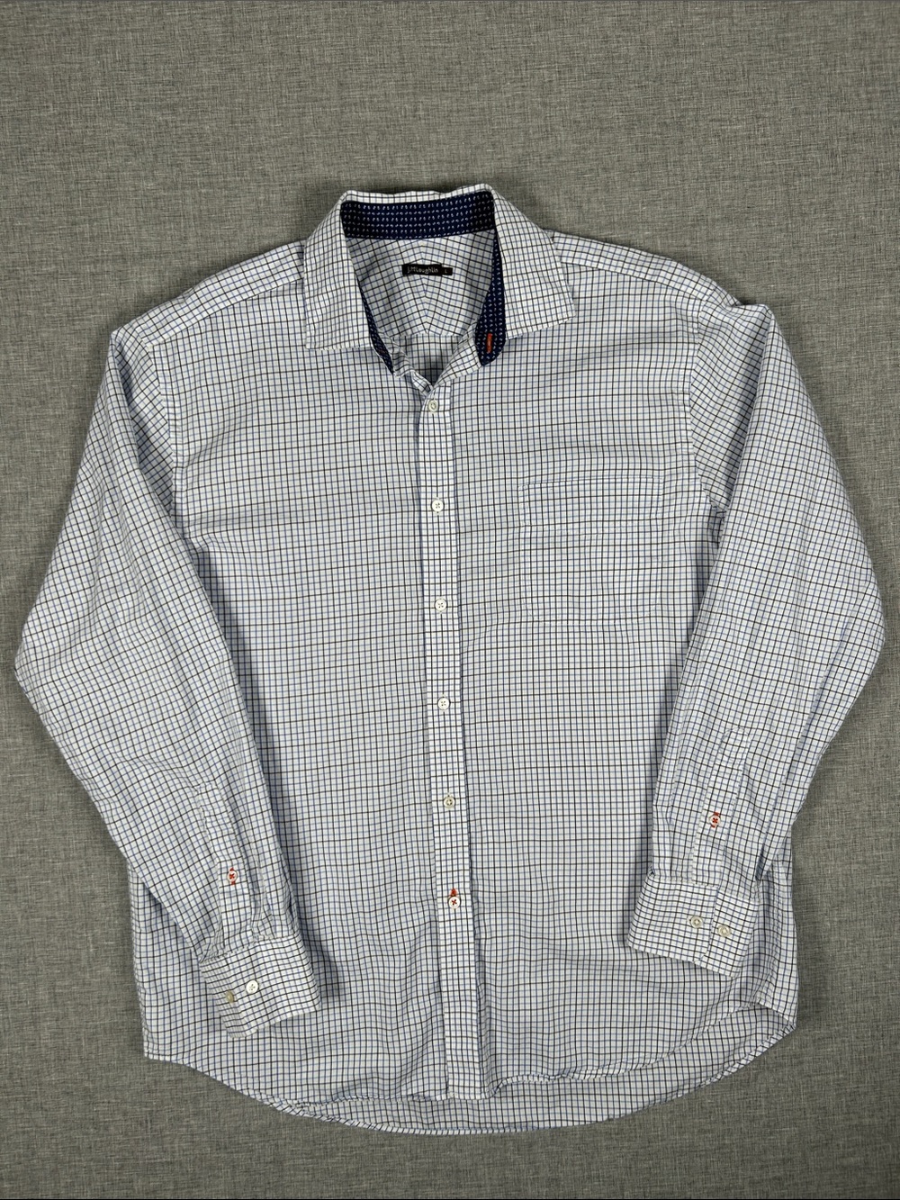 J. McLaughlin Men’s Large Blue Check Button Front Dress Shirt Cotton